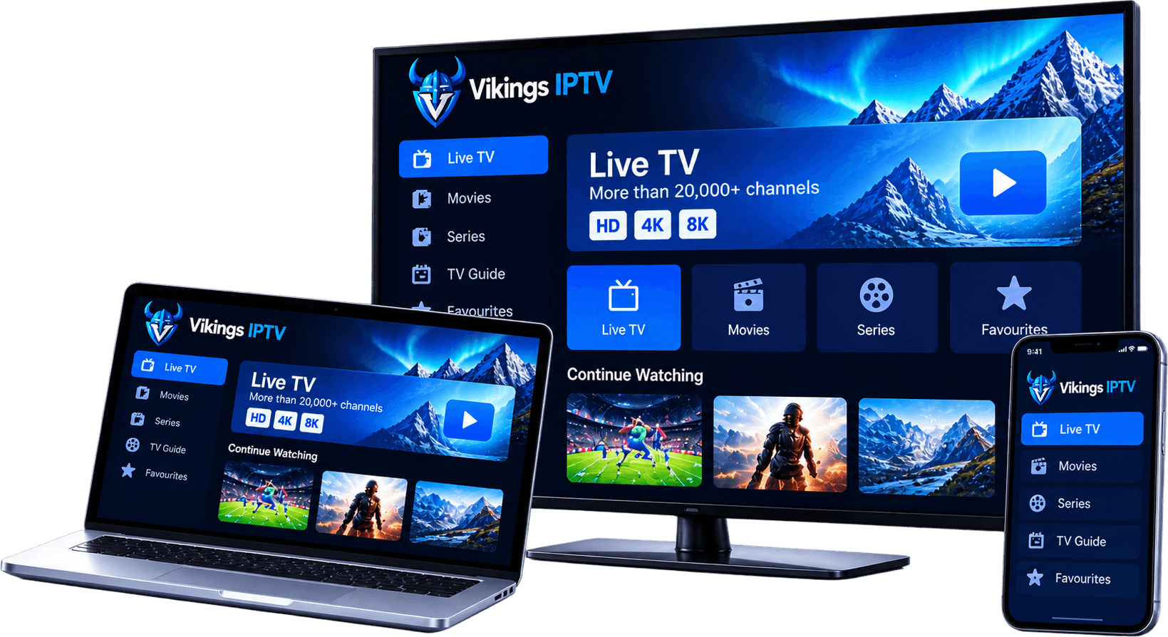 The Vikings IPTV player on a television, a laptop and a phone, with Live TV, Movies, Series and TV Guide menus